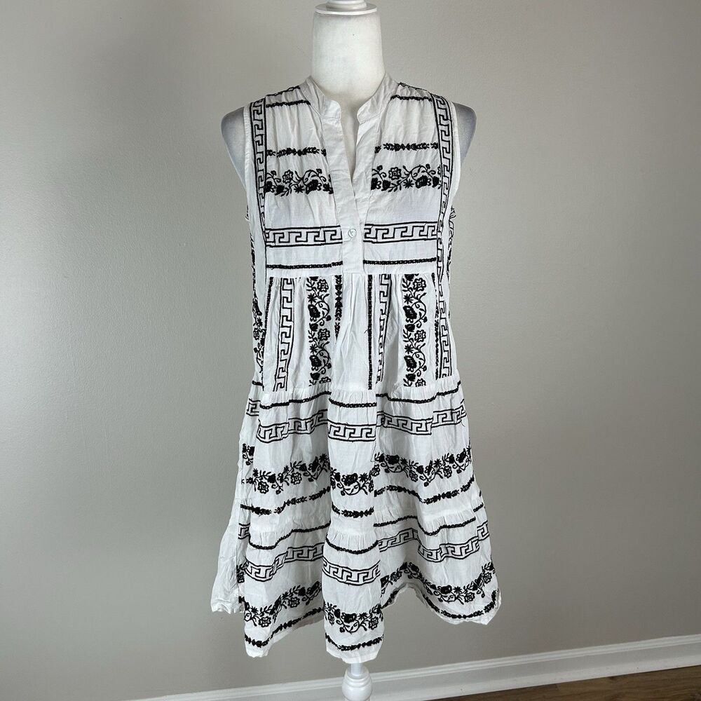 Me 2 Magic Anthropologie Lurex Mini Dress White Black Small Embroidered Tiered